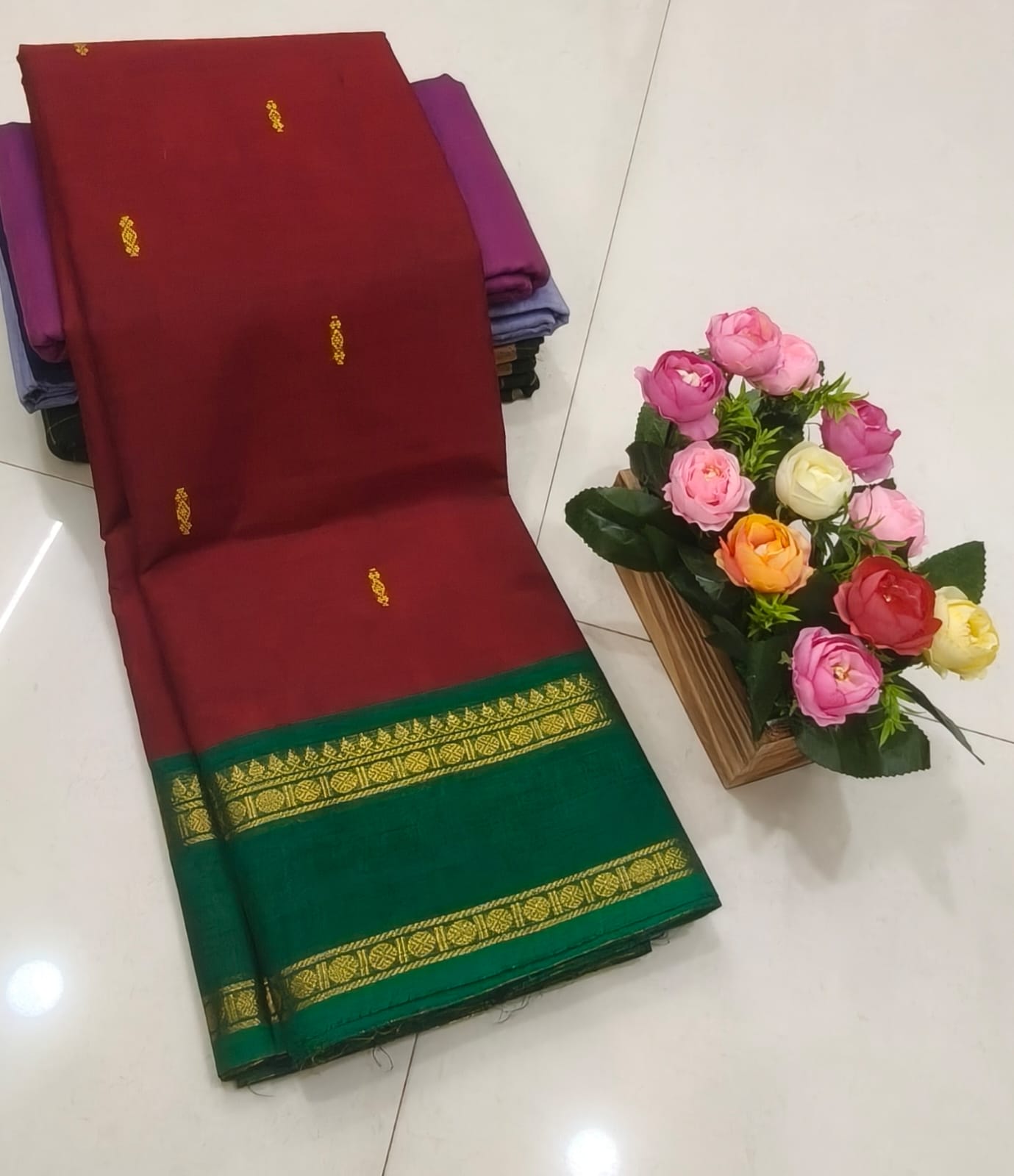 Maroon Kanchi Cotton Saree with Green Zari Border